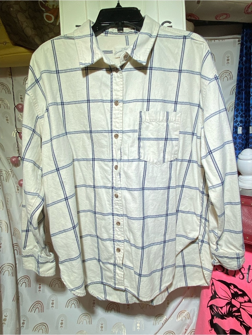 Universal Thread Cream Button-Down Shirt with Blue Windowpane